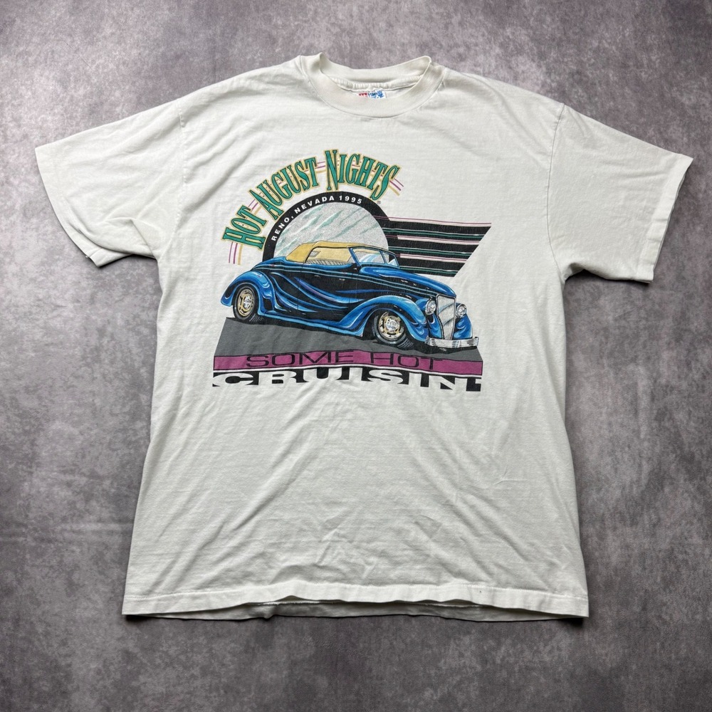 Vintage 1995 Hot August Nights Reno Nevada T-Shirt Hanes Beefy-T White Large